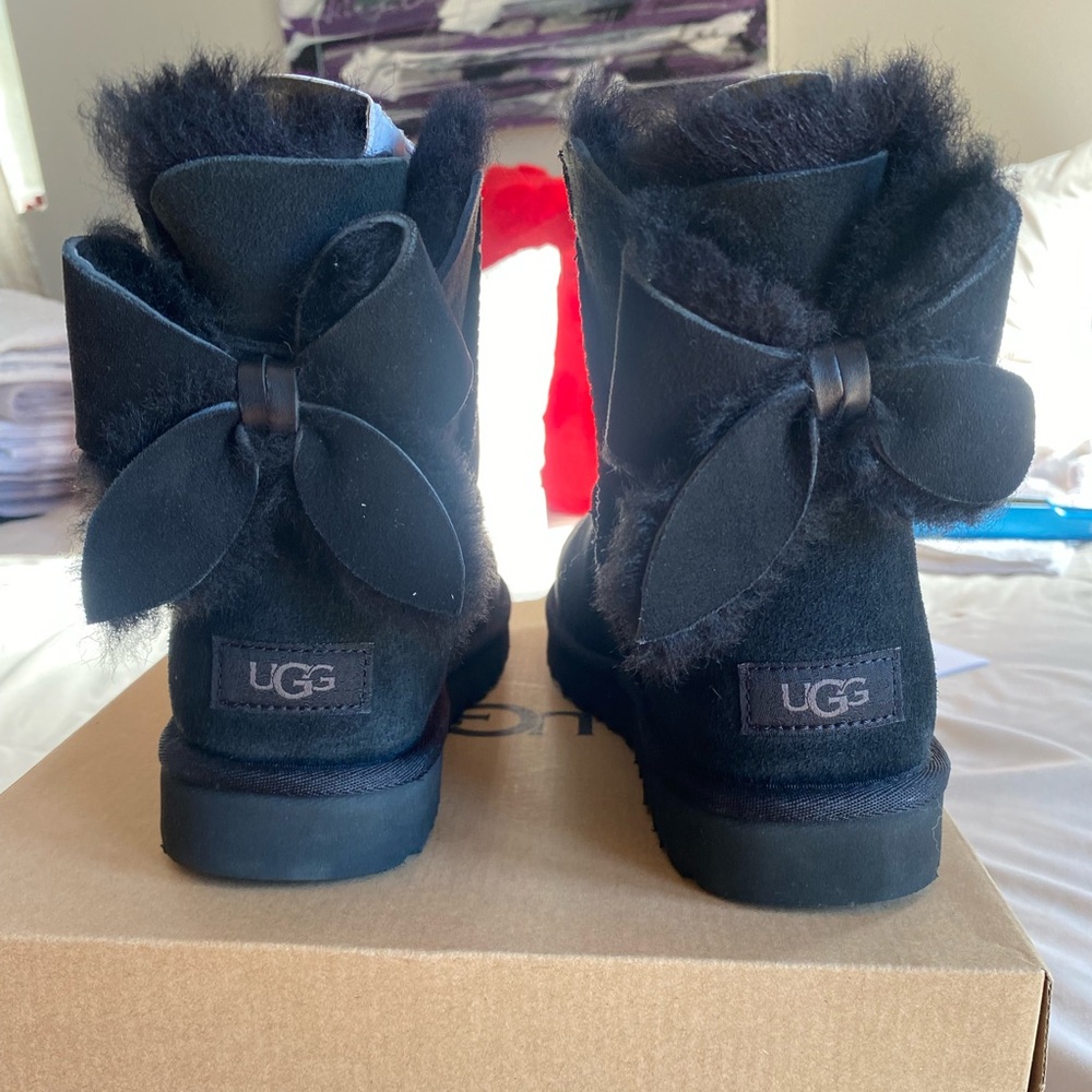 UGG Black Suede Boots with Bow Accent